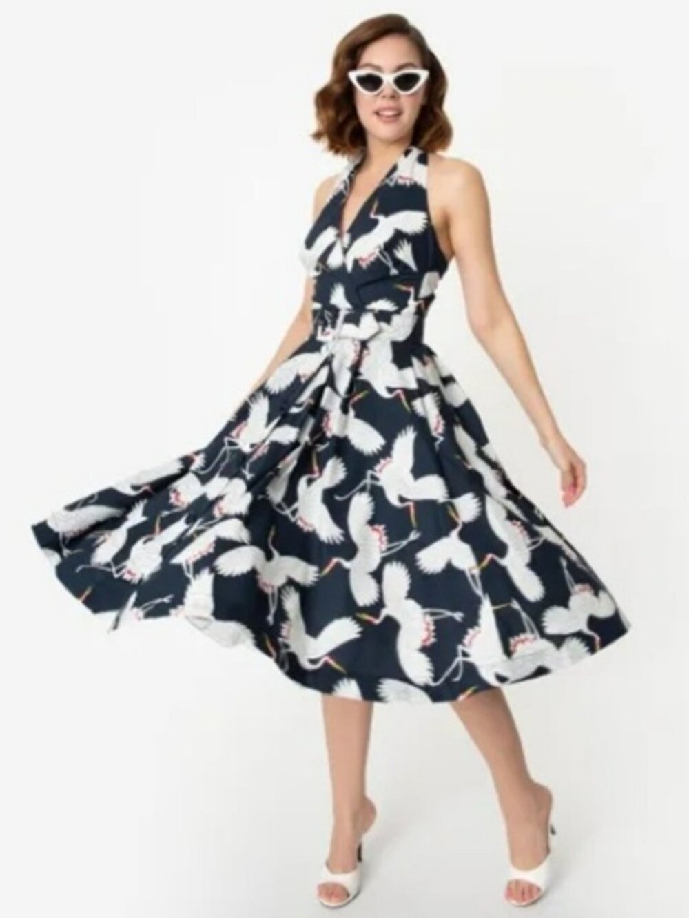 Unique Vintage Halter Crane Button Navy White Midi Dress Sz L